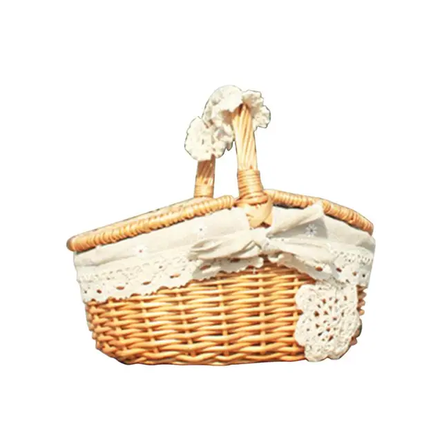 Cesta de mimbre con asas, cesta de almacenamiento de sauce tejida para  picnic, decoración, regalo, boda (encaje beige)