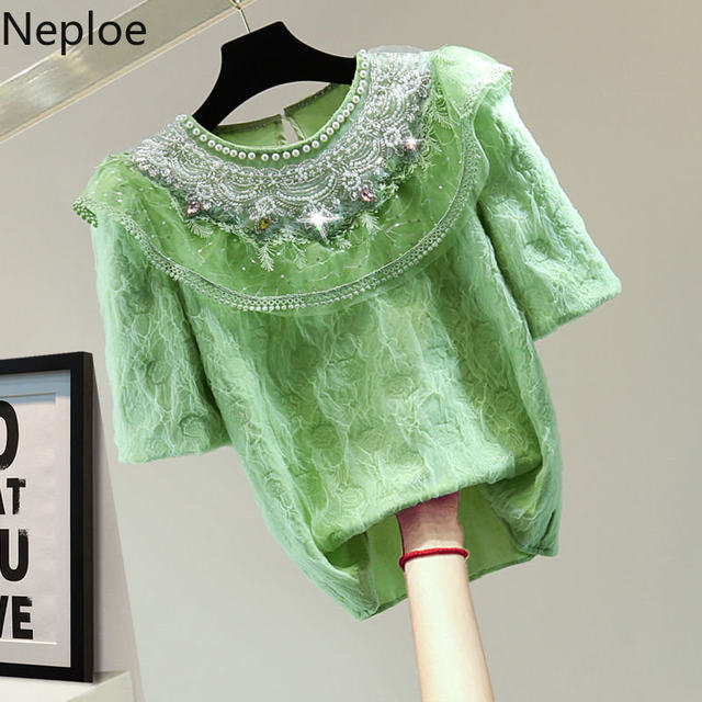 Neploe Embossed Sequin Puff Short Sleeve O-Neck T-Shirt 2025 Neploe Embossed Sequin Puff Short Sleeve O-Neck T-Shirt 2025