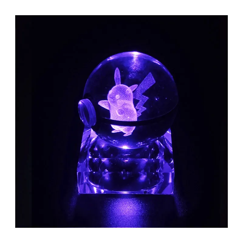 Pokemon Crystal Ball 3D Snorlax Mewtwo Figures Pokémon Engraving Model Decor with LED Light Crystal Base Kids Gifts Collectable
