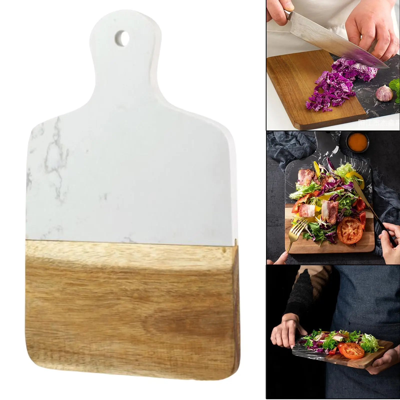 Portable Wooden Marble Cutting Board with Handles Hanging Hole Design Chopping Boards for Pastry Crackers Bread Meats Restaurant