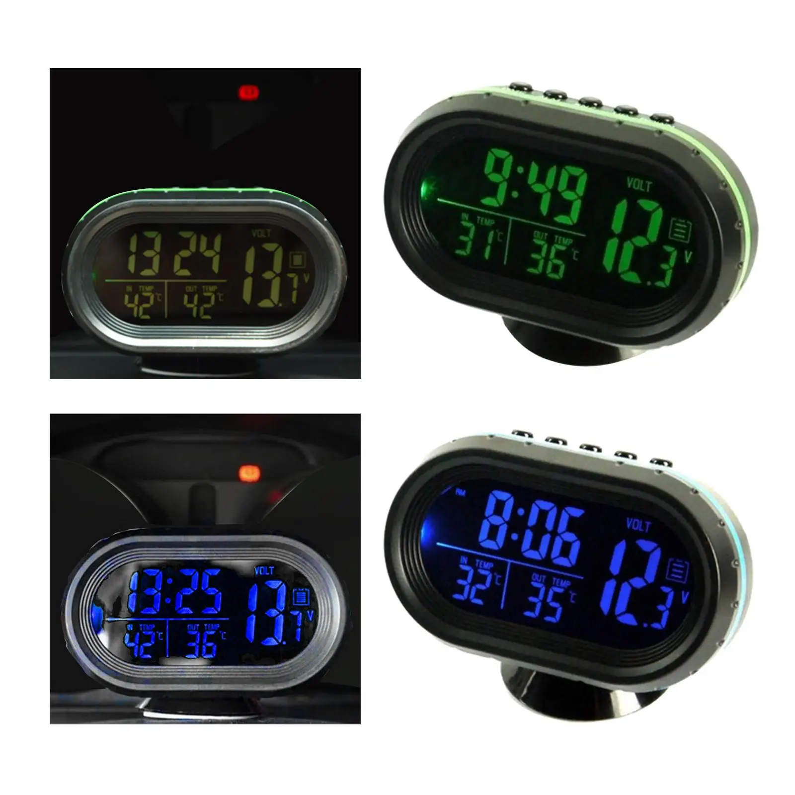 Thermometer Clock Voltmeter Battery Meter Dual Temperature Gauge Alarm Monitor