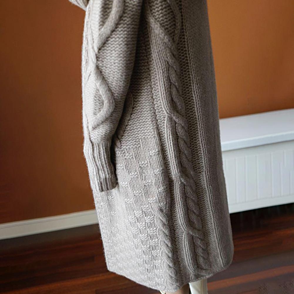 2022 Vinter revers strik cardigan kvindelige temperament frakke Casual tyk lang strikket cardigan kvinde plus størrelse ren farve_voghion.com