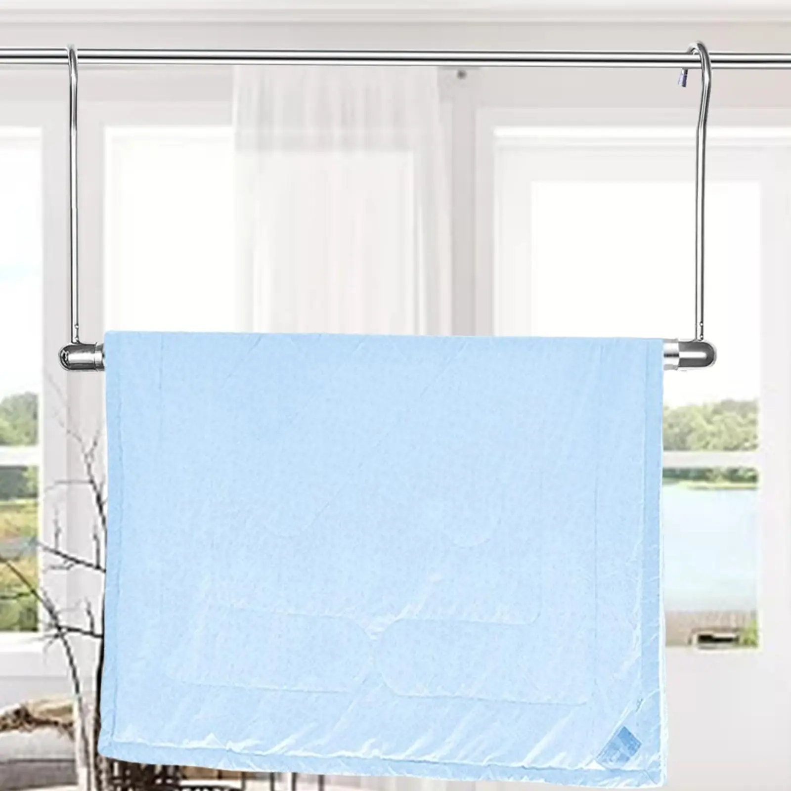 Clothing Hanger Telescopic Rod Hanging Closet Rod Clothes Drying Rack Support Rod with Hooks for Closet Laundry Room Bathroom