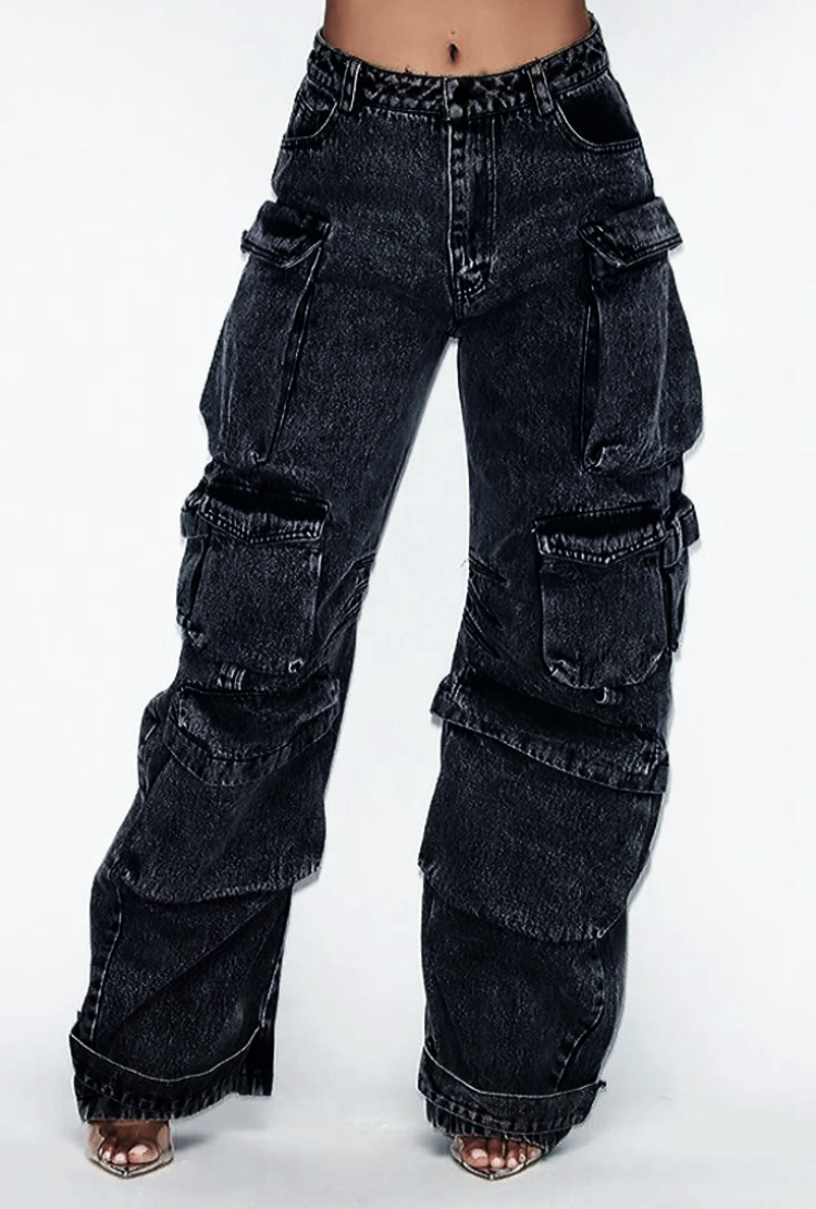 Title 3, Solid Color Multi-pocket Loose Jeans Women