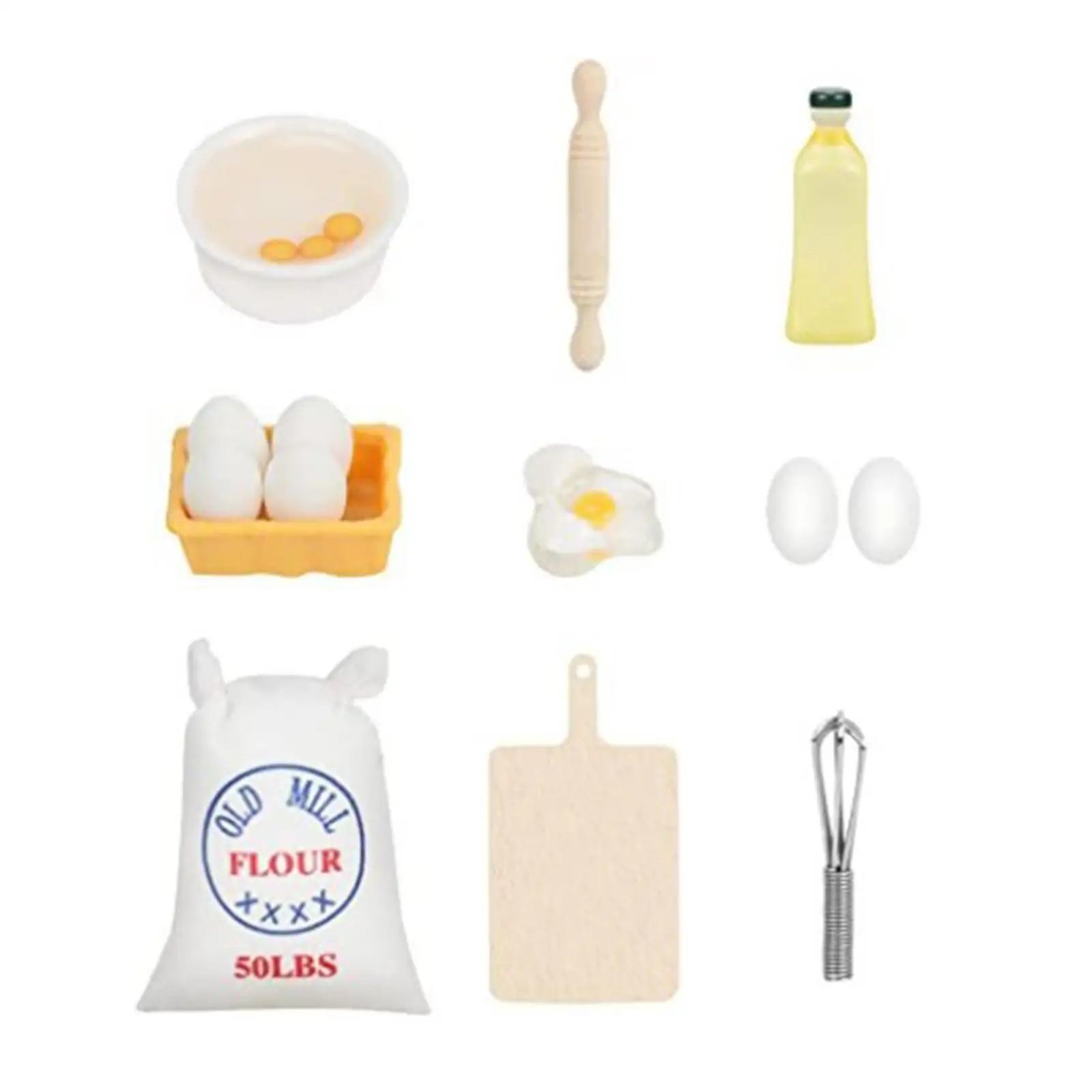 9x Cute Dollhouse Baking Set Playset Bakery Decor Flour Bag Eggs Oil Model