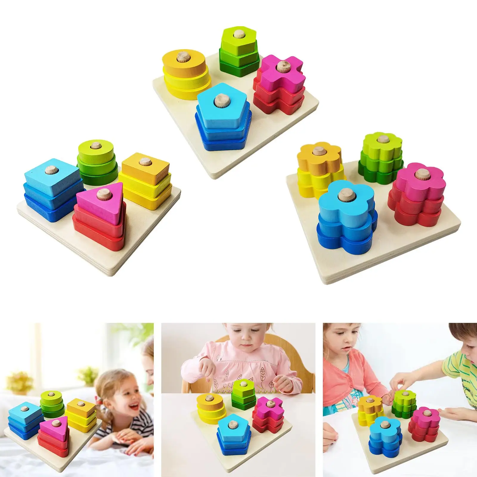 Baby Montessori Wooden Shape Matching Stacking Blocks Toys Sensory Toys