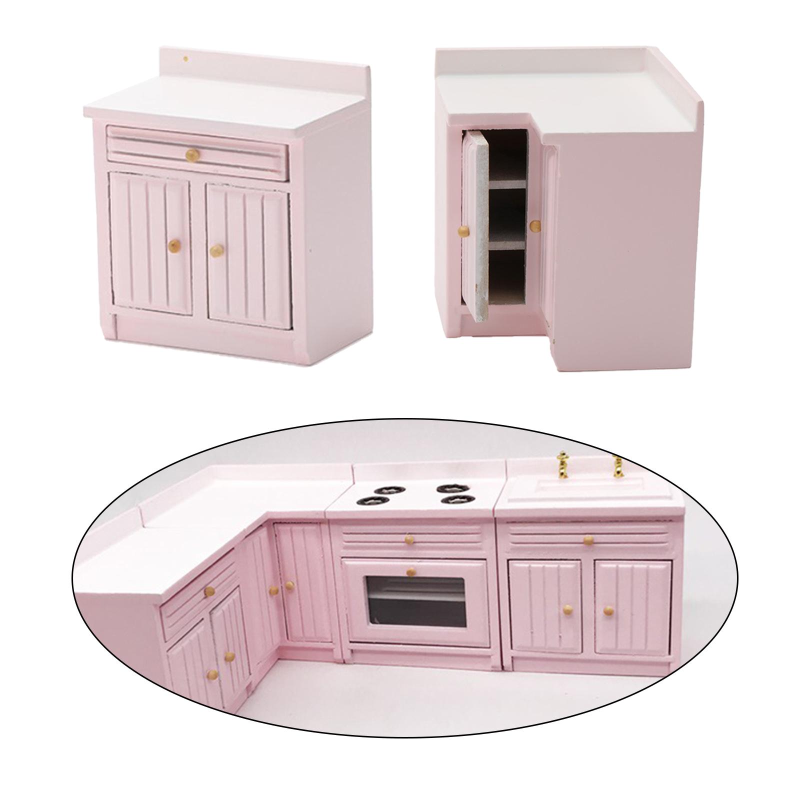 Dollhouse Small Kitchen Cupboard Furniture Pink Doll House Cabinet Kids Play Toys Dining Room Decoration Ornament Accessories