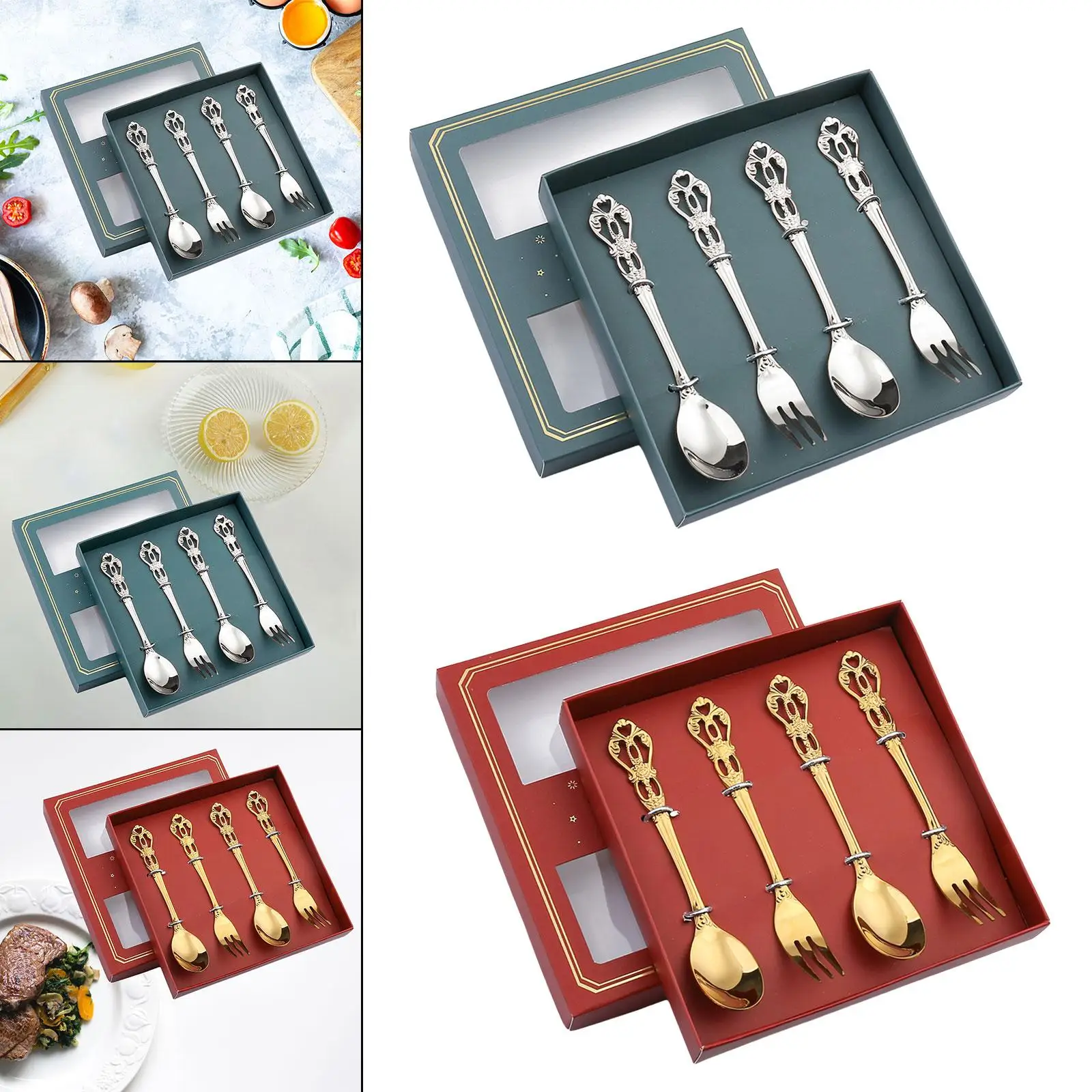 4Pcs Spoons Forks Set Stainless Steel with Gift Box Pastry Forks and Tea Spoon Set for Wedding Sugar Ice Cream Salad Cake