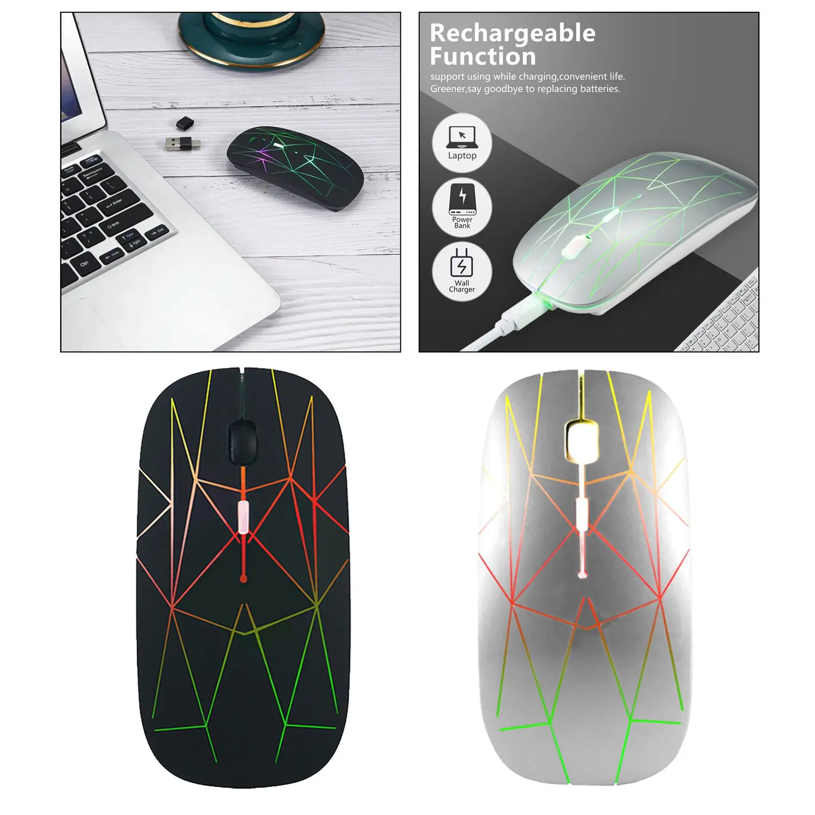 LED Wireless Mouse USB Charging 800 / 1200 /1600 DPI Silent 2.4G LED Breathing Lights Mobile Optical Mouse 4 Buttons for Office