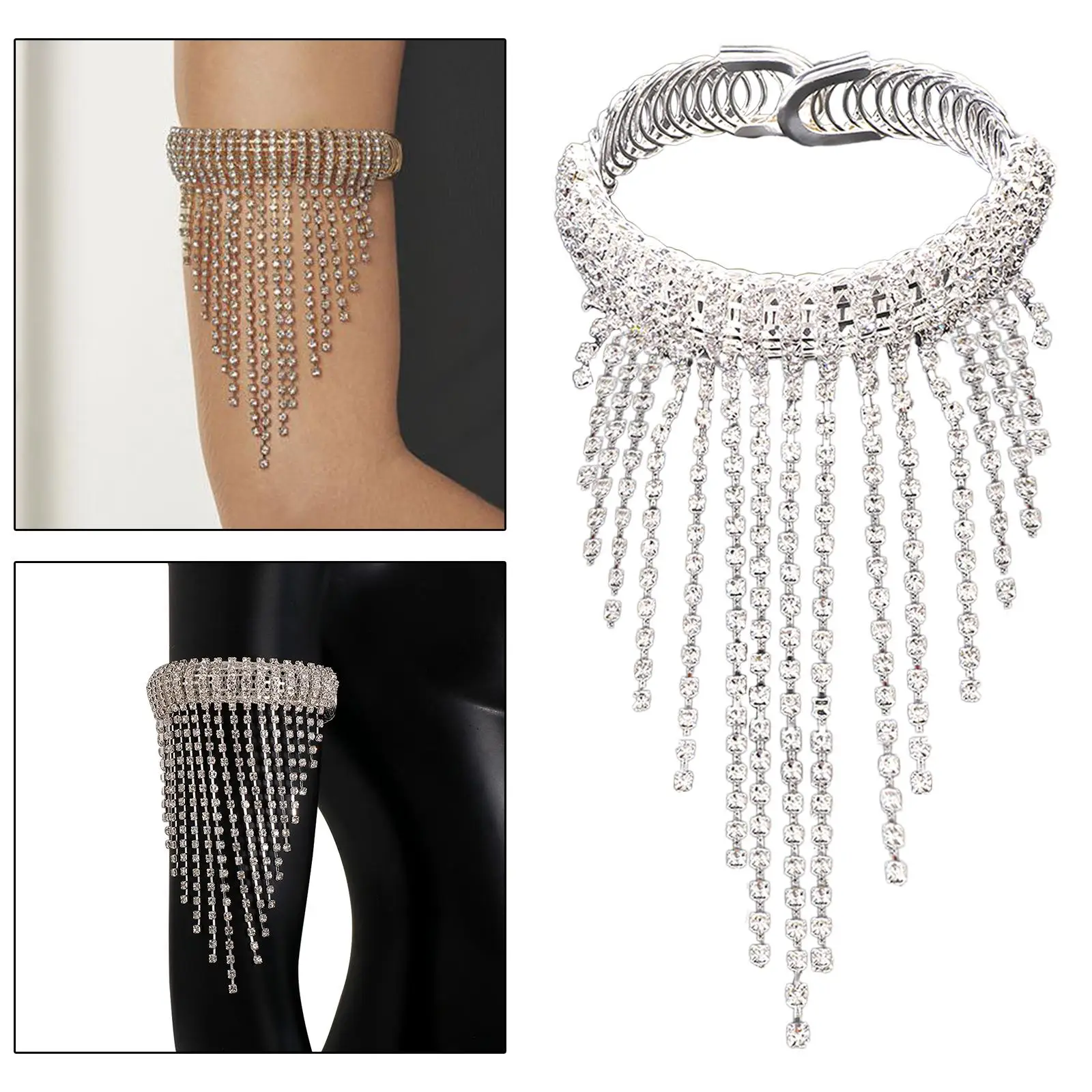 Upper Arm Cuff Bracelet Tassel Chain Rhinestone Costume Accessories Silver Arm Bangle Jewelry Body Chain for Holiday Party