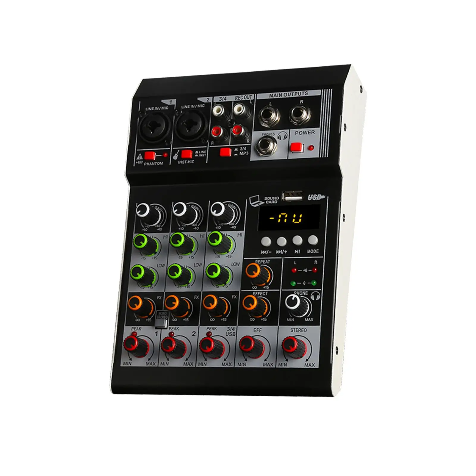 4 Channel Audio Mixer 48V Phantom Power Sound Board Console System Interface for Broadcast Bands Live Stage Streaming Recording