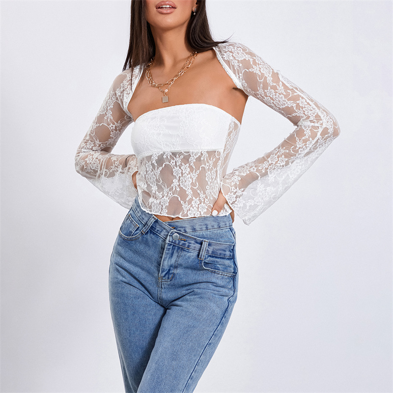 Ootddress Tube Top with Shrug Women Sexy See Through Strapless Bandeau Vest and Long Sleeve Cover Up Lace Clothes Party Clubwear