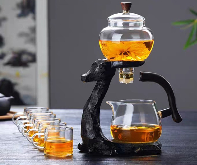 Lazy Tea Maker Palace Lantern Automatic Tea Set Wooden Frame Glass Mug  Glass Teapot Tea Set - Glass - AliExpress