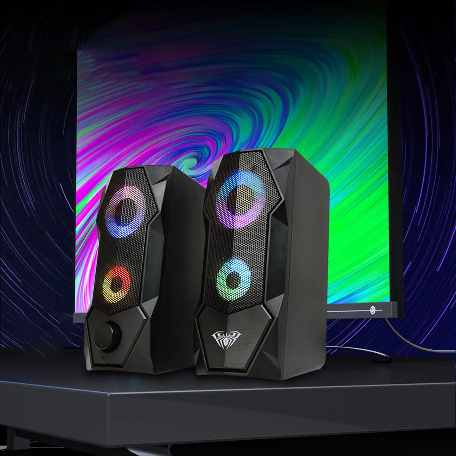 2 Pieces Computer Speakers with RGB Light Stereo Surround for Phone Desktops