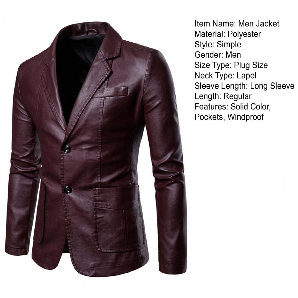 Description Picture 3 of itemFaux Leather Jacket Men Outerwear Fashionable Men's Faux Leather Suit Coat Lapel Style Long Sleeve Business Jacket for Windproof