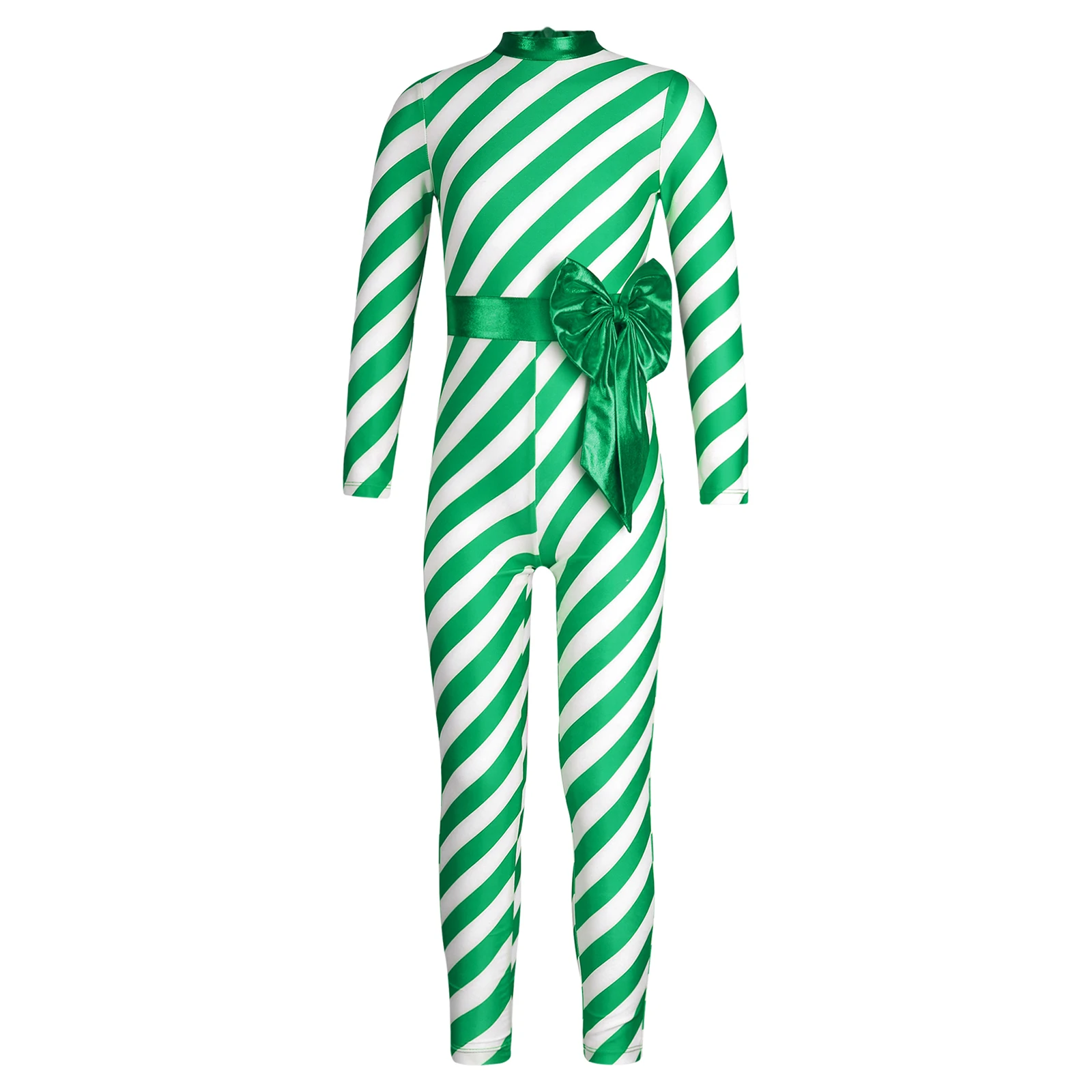 Girls Christmas Candy-Cane Bowknot Striped Jumpsuit