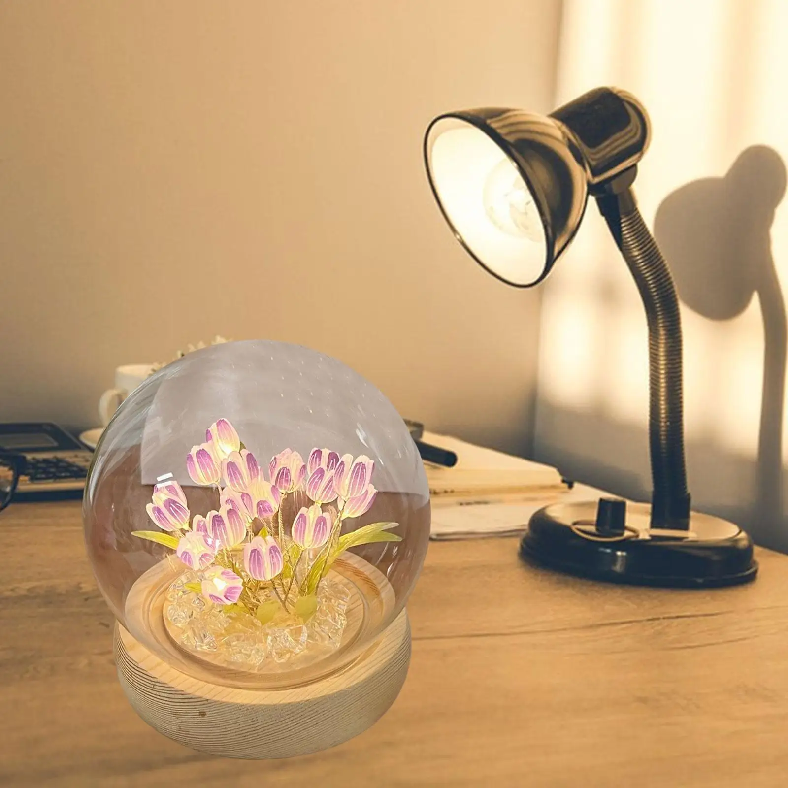 Tulip Flowers Night Light DIY Lighted Flowers Accessories Sleep Lamp with Dome for Party Wedding Holiday Decor Gift