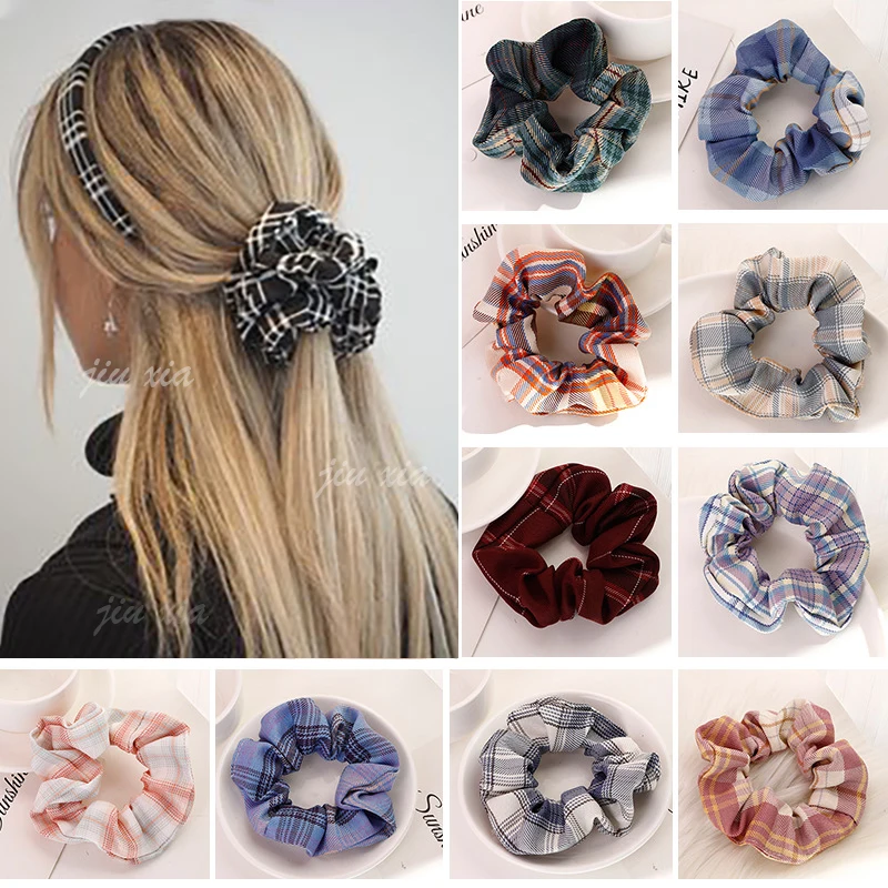 2022 Summer Korean Organza Plaid Scrunchie Women Girls Ponytail Holder Hair Ties Satin Elastic HairBands Hair Accesories goody hair clips