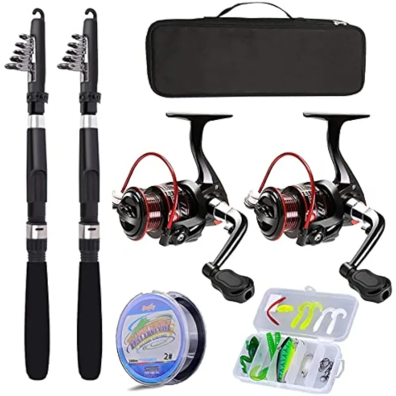 Fishing Pole Combo Set - 2.1m/6.89ft 2-Piece Collapsible Rods, 2 Spinning  Reels, Lures, and Carrier Bag - Carbon Fiber Telescopic