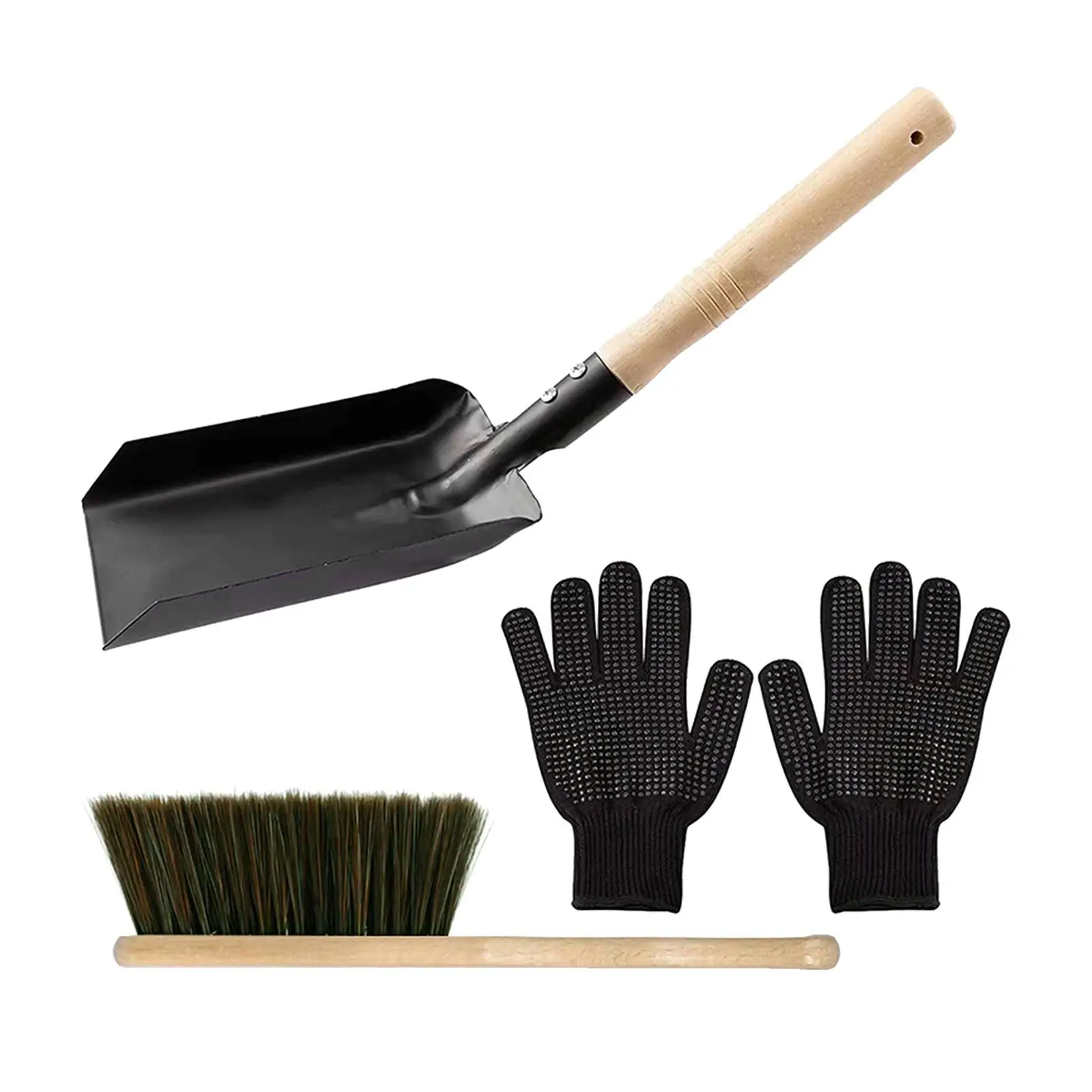 Fire Place Tool Set Shovel and Hearth Brush Set Hearth Tidy Ash Fireside Black Gloves Accessories for Dust Cleaning Indoor