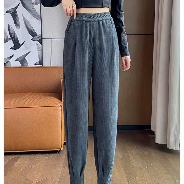 Winter Plush and Thickened Harlan Autumn/Winter Women's High Waisted  Elastic Pockets Folds Fashion Solid Color Straight Pants - AliExpress