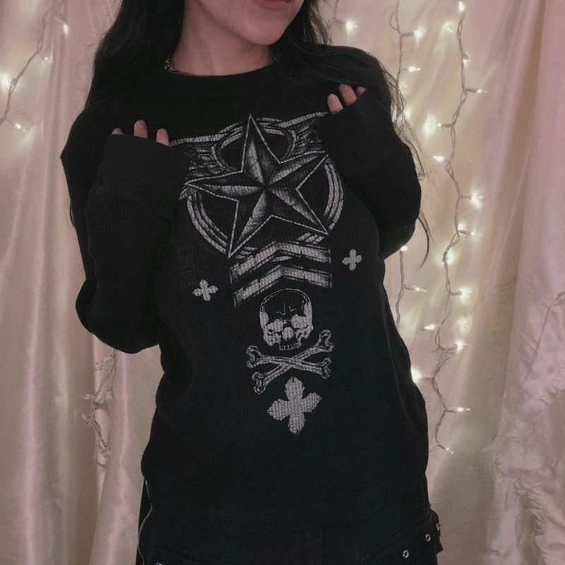 Star Skulls Graphic Print Long Sleeve T Shirt Dark Academia Grunge Mall Goth Pullovers E-girl Gothic Aesthetics Tees Y2K Vintage