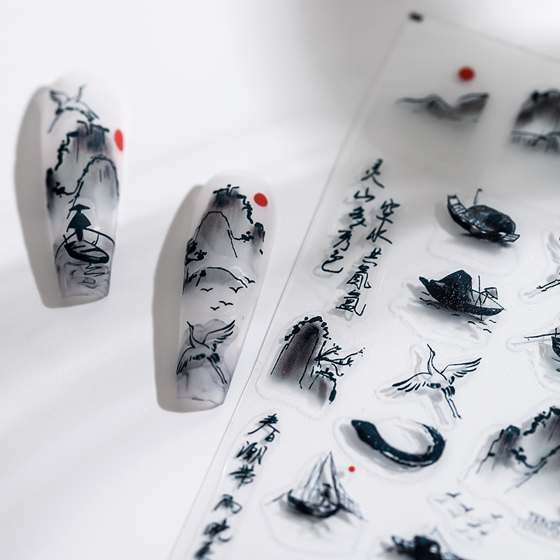 Best of 1 Sheet 5D Realistic Ink Chinese Landscape Painting Skiff Fishman Crane Sunset Adhesive Nail Art Stickers Decals Manicure Charms Reviews & Tips