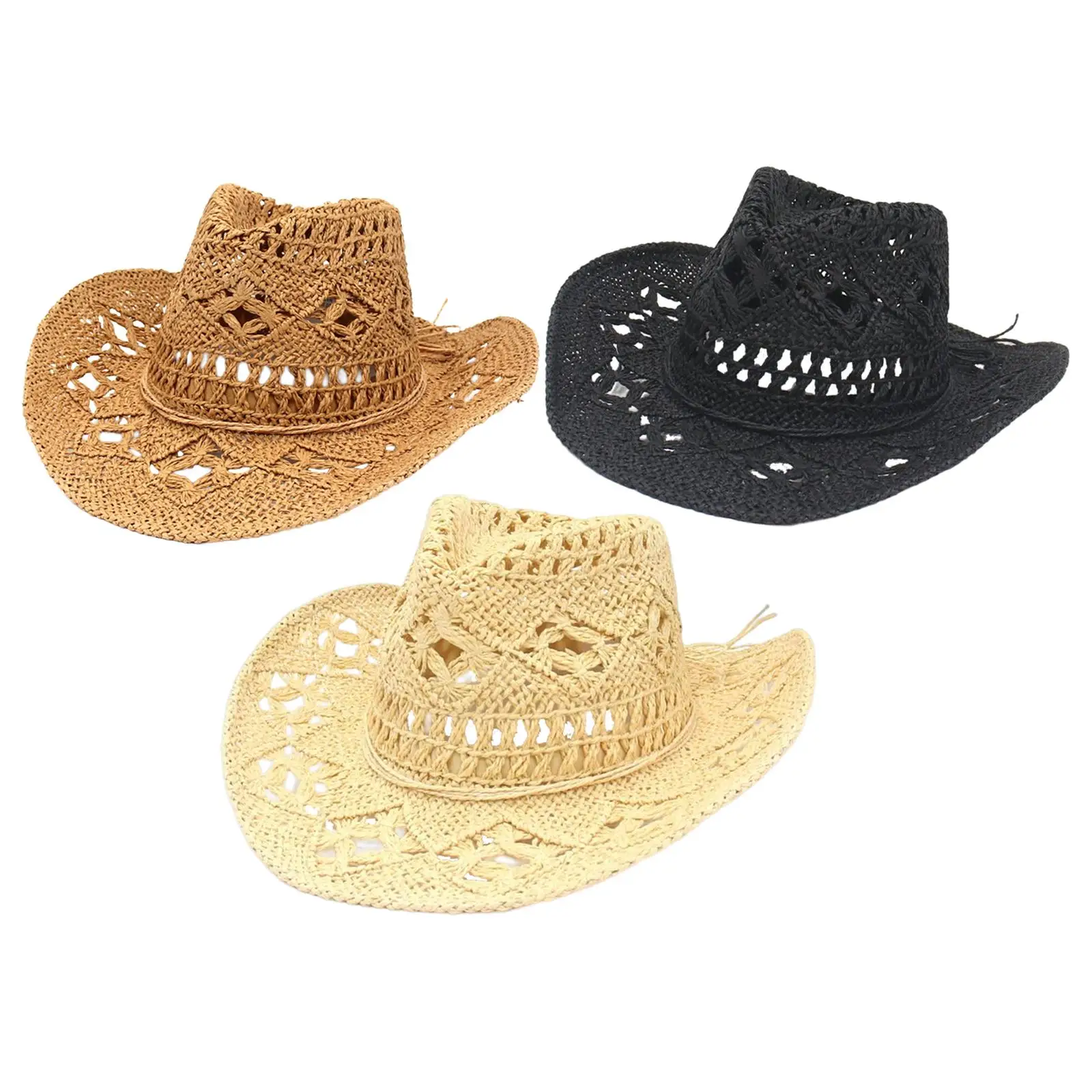 Straw Western Cowboy Hat Hand Woven Floppy Beach Hat for Vacation Outdoor