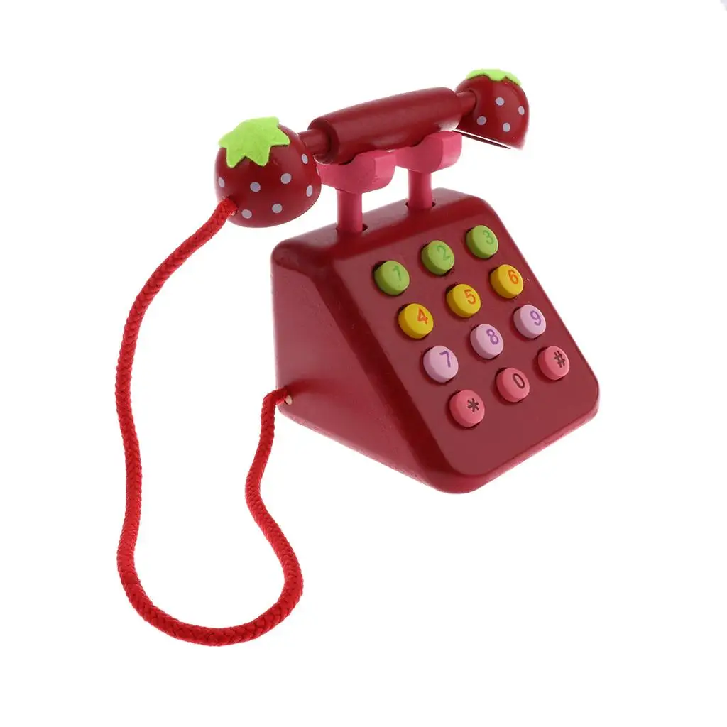 Kids Red Wooden Telephone Pretend  toy children kids Toddler Educational Toys - Strawberry