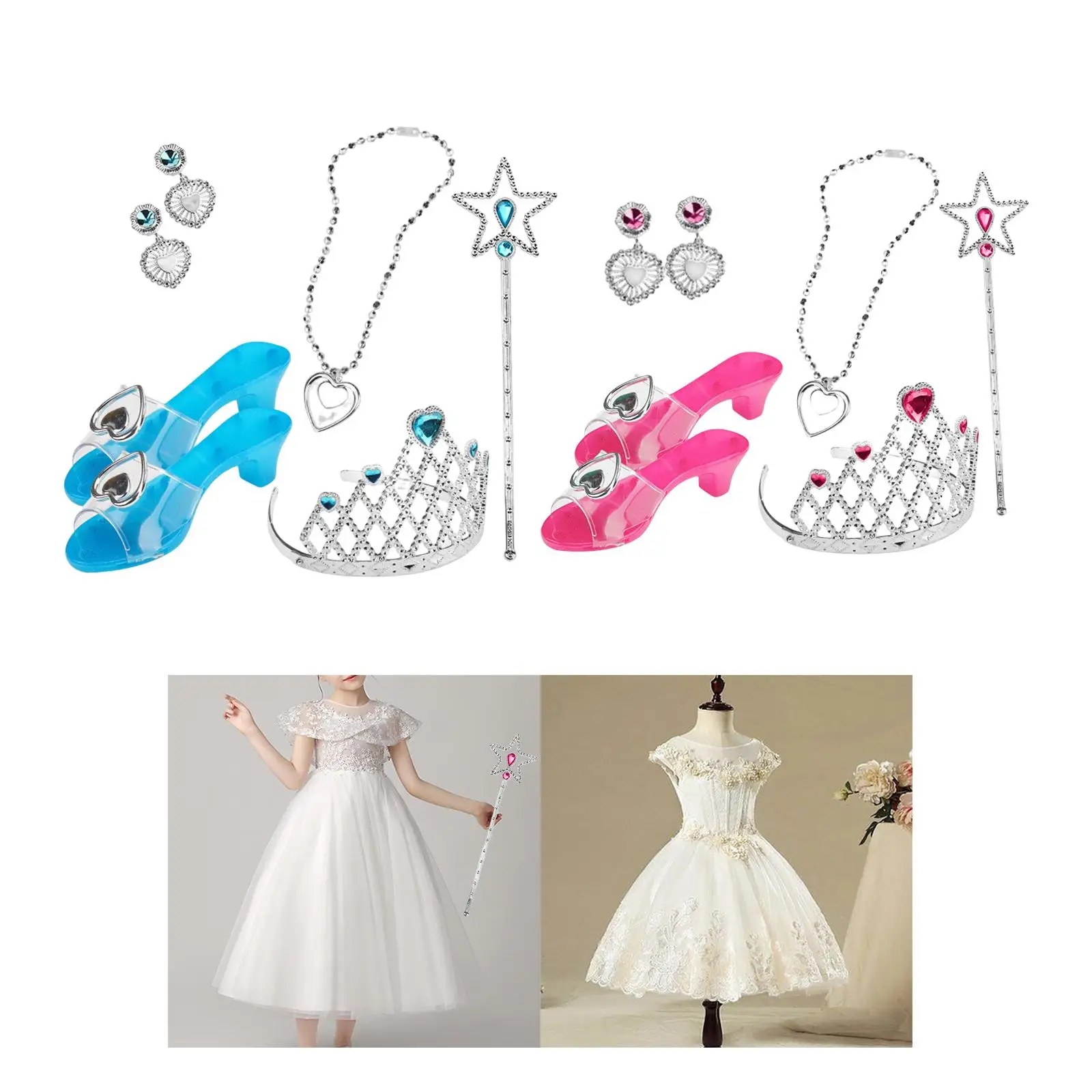7Pcs Little Girls Jewelry Toy Princess Toys pole Girls Role Play Set Shoes crowns Princess Dress up for Game Birthday Party