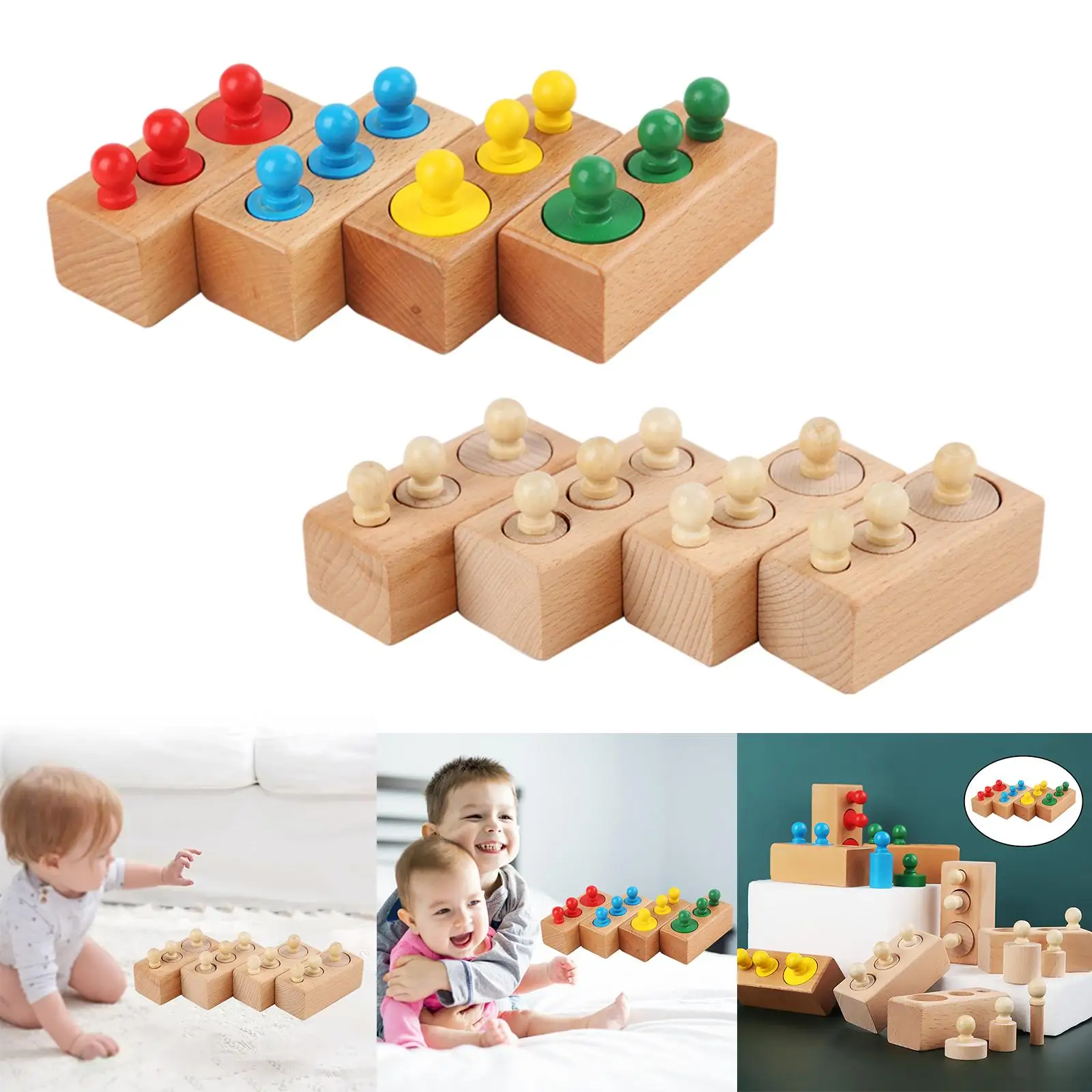 4 Pieces Montessori Knobbed Cylinders Blocks Wooden Early Educational Practice Game Socket Toys for Kids