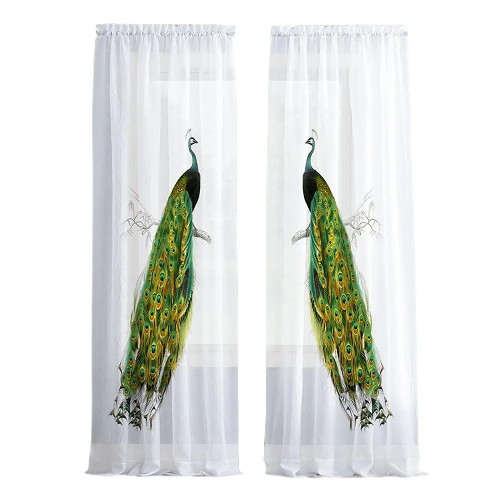 2x Sheer Curtain Peacock Pattern Curtain Panels for Kitchen Laundry Room Nursery