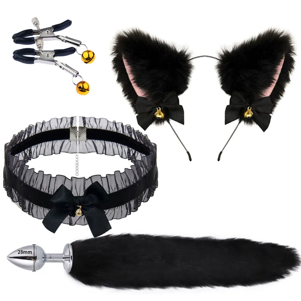 Cute Fox Tail Anal Plug Cat Ears Headbands Set  Nipple Clip Neck Collar Erotic Cosplay Sex Toys For Women