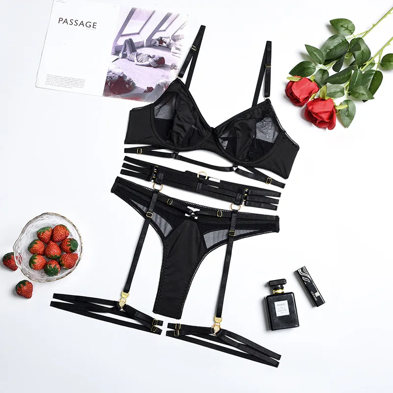 matching bra and panties 3pcs\Set Soft Sexy Mesh Thong Underwear Set Transparent G-String Womens Sexy Lingerie Sets Lace Female Fashion Garter Lingerie cute underwear sets
