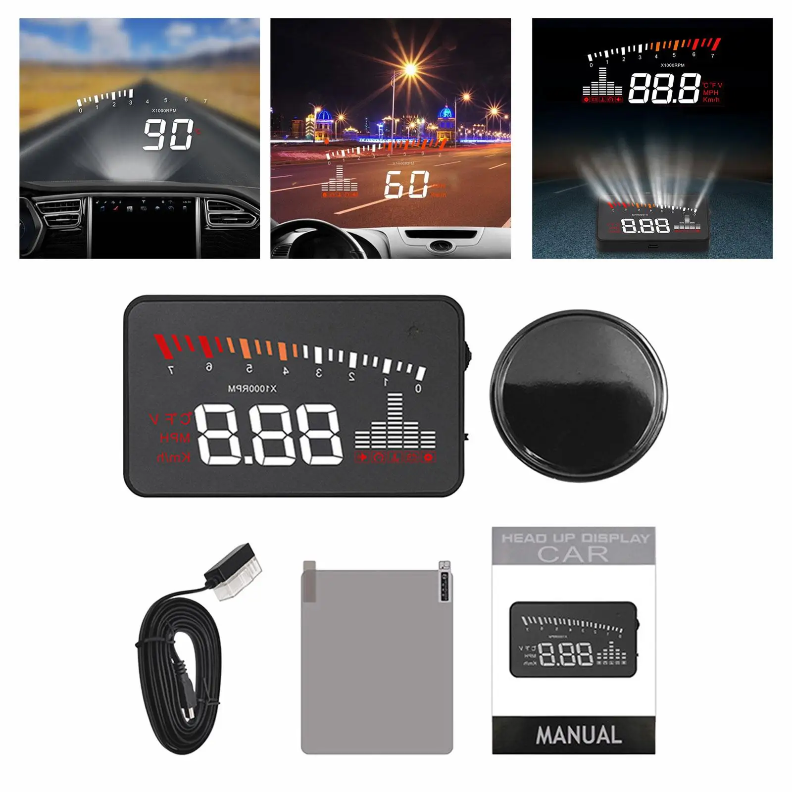 Car Heads up Display Windshield Projector LED Fatigue Driving Reminder 3.5inch Screen HUD Gauge Display