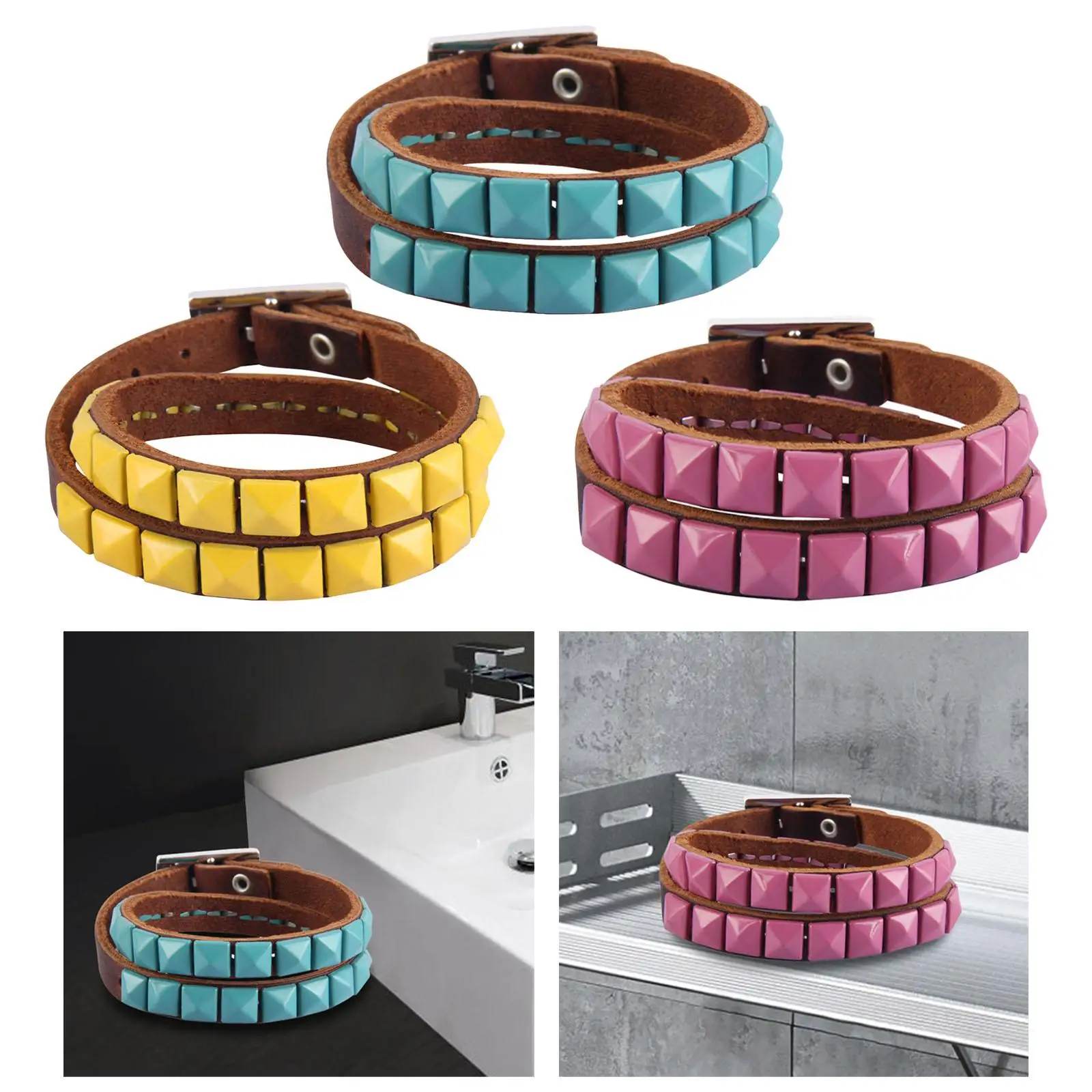 PU Leather Studded Bracelet Buckle Clasp Cuff Bangle for Men Women Costume Accessories