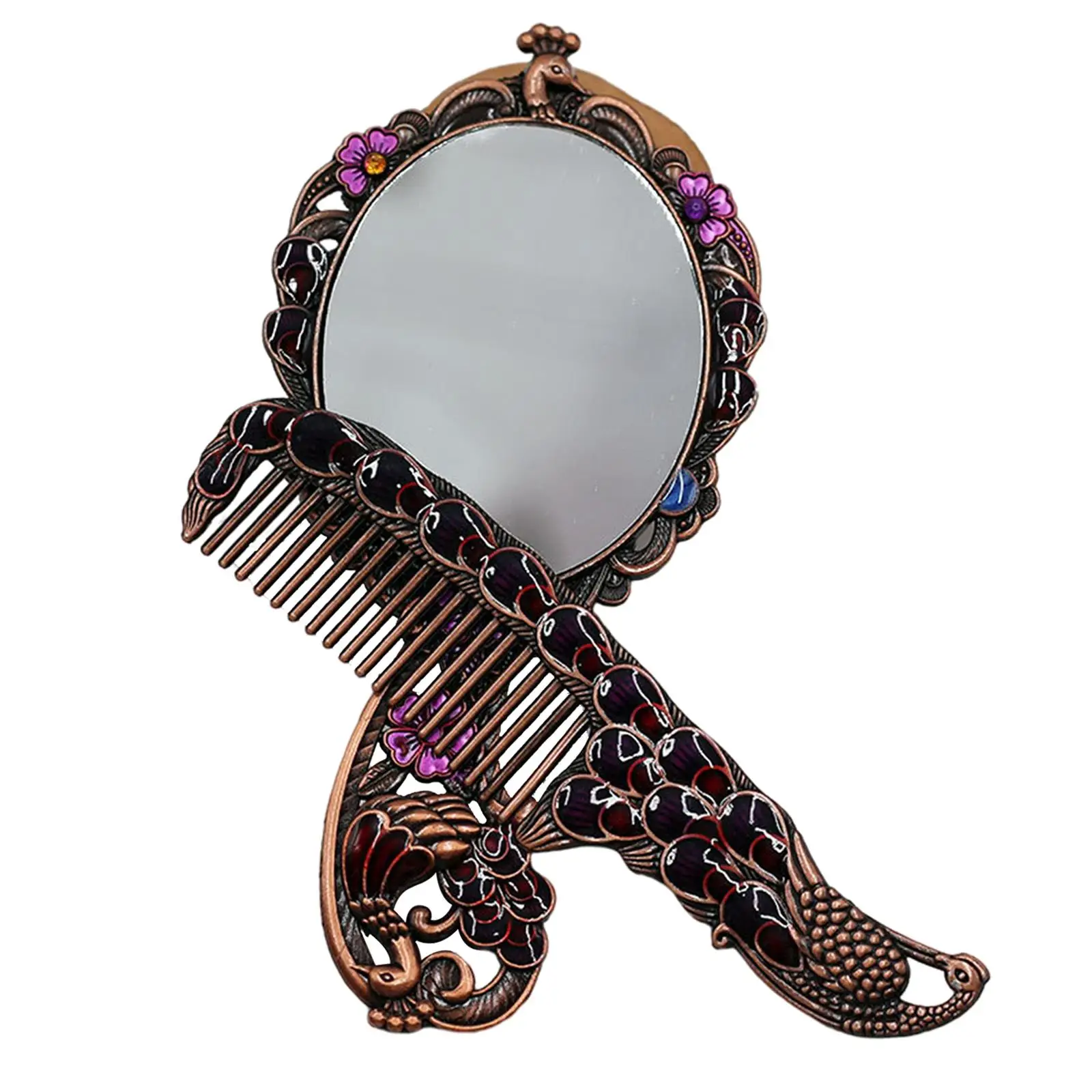 Spreading Tail Peacock Embossing Metal Handheld Makeup Mirror Comb