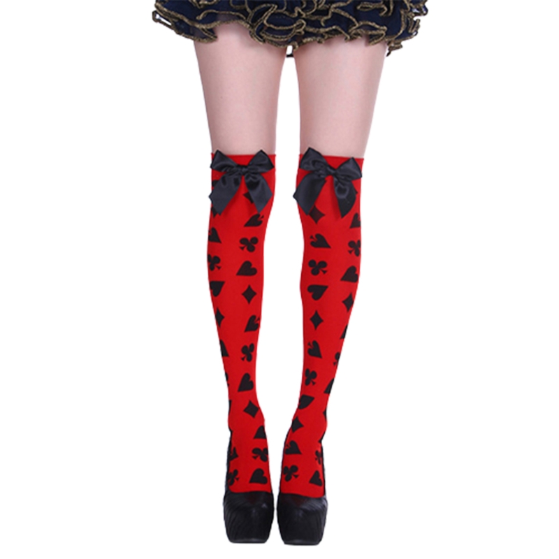 Halloween Frauen Oberschenkel Hohe Strümpfe Poker Karte Anzug Drucken Über Knie Lange Socken – Detail 6