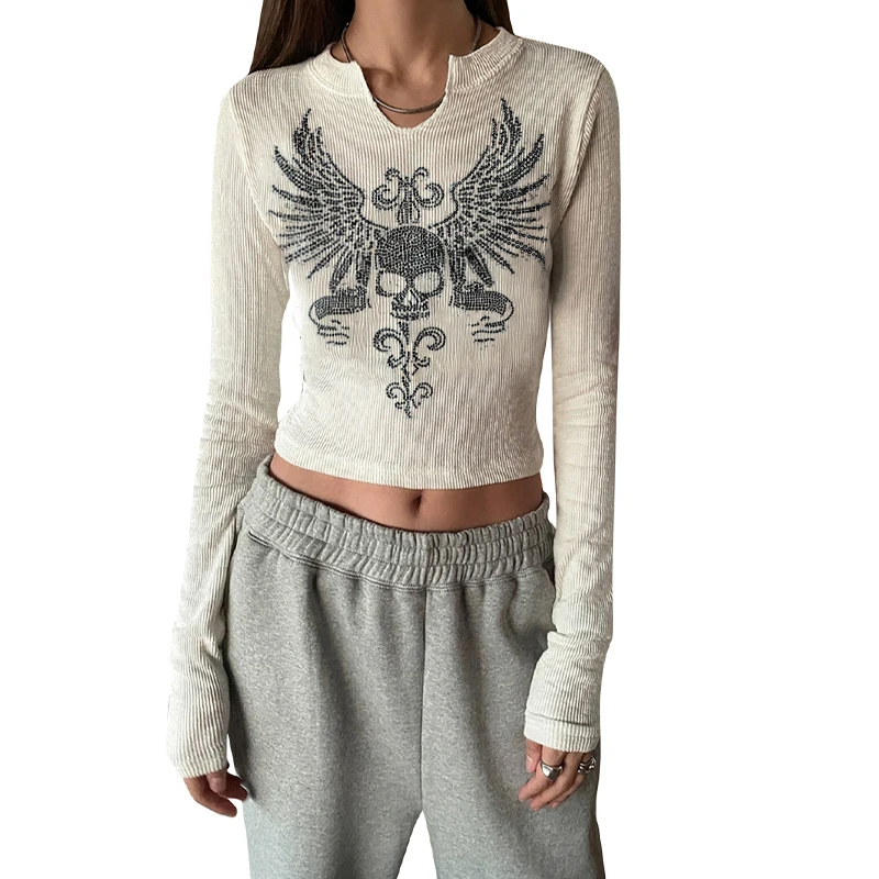 E-girl Gothic Skull Wing Pattern T Shirt Knitted Ribbed O-Neck Long Sleeve Tees Y2K Dark Academia Grunge Mall Goth Crop Tops