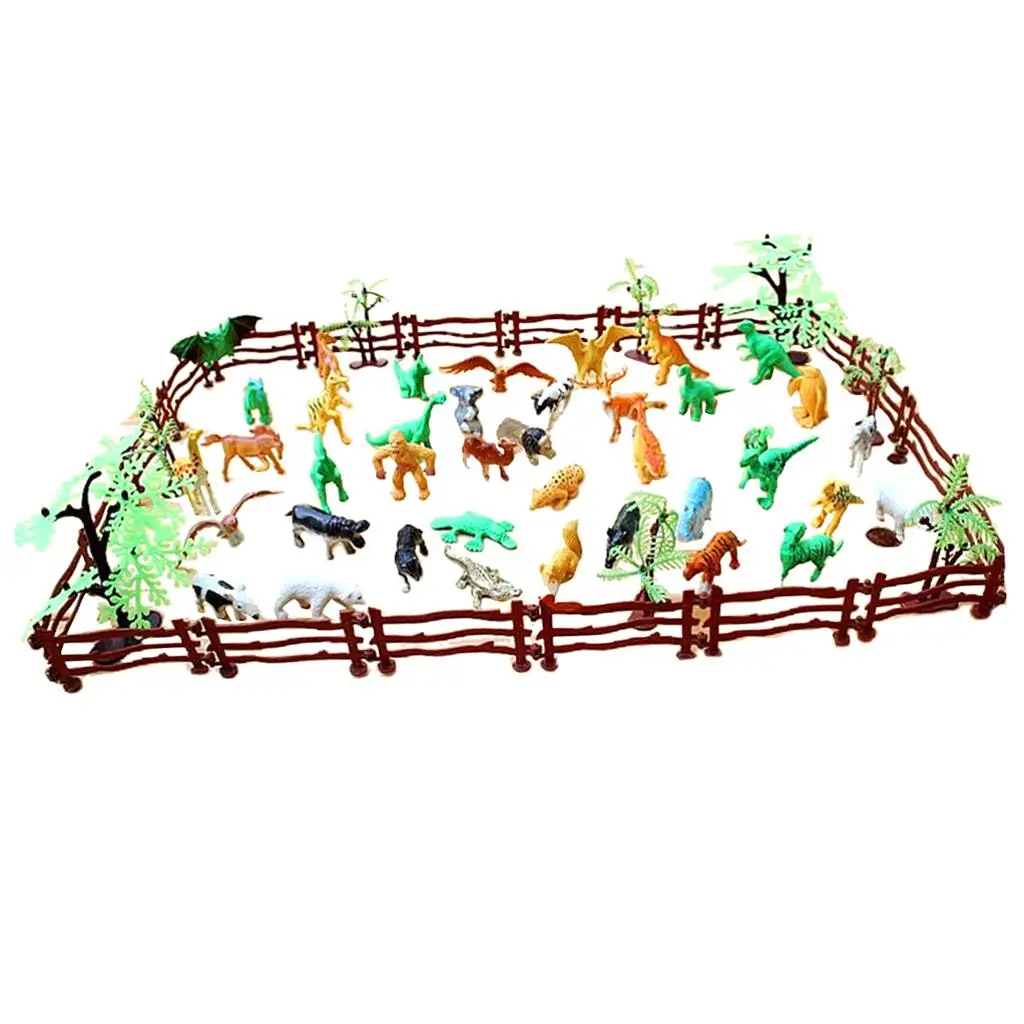 68pcs Plastic  Wildlife Jungle Forest Animals Action Figure Toys Playset in Fence w/ Tree , Kids Toddler  Collectibles