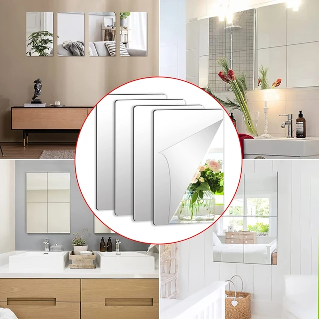 4pcs Acrylic Mirror Sheets Flexible Non Glass Mirror Tiles with 16pcs Self  Adhesive Stickers for Home Livingroon Decoration M68E