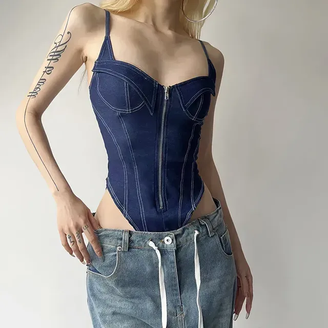 Denim Bodysuit Long Sleeve Off Shoulder 56