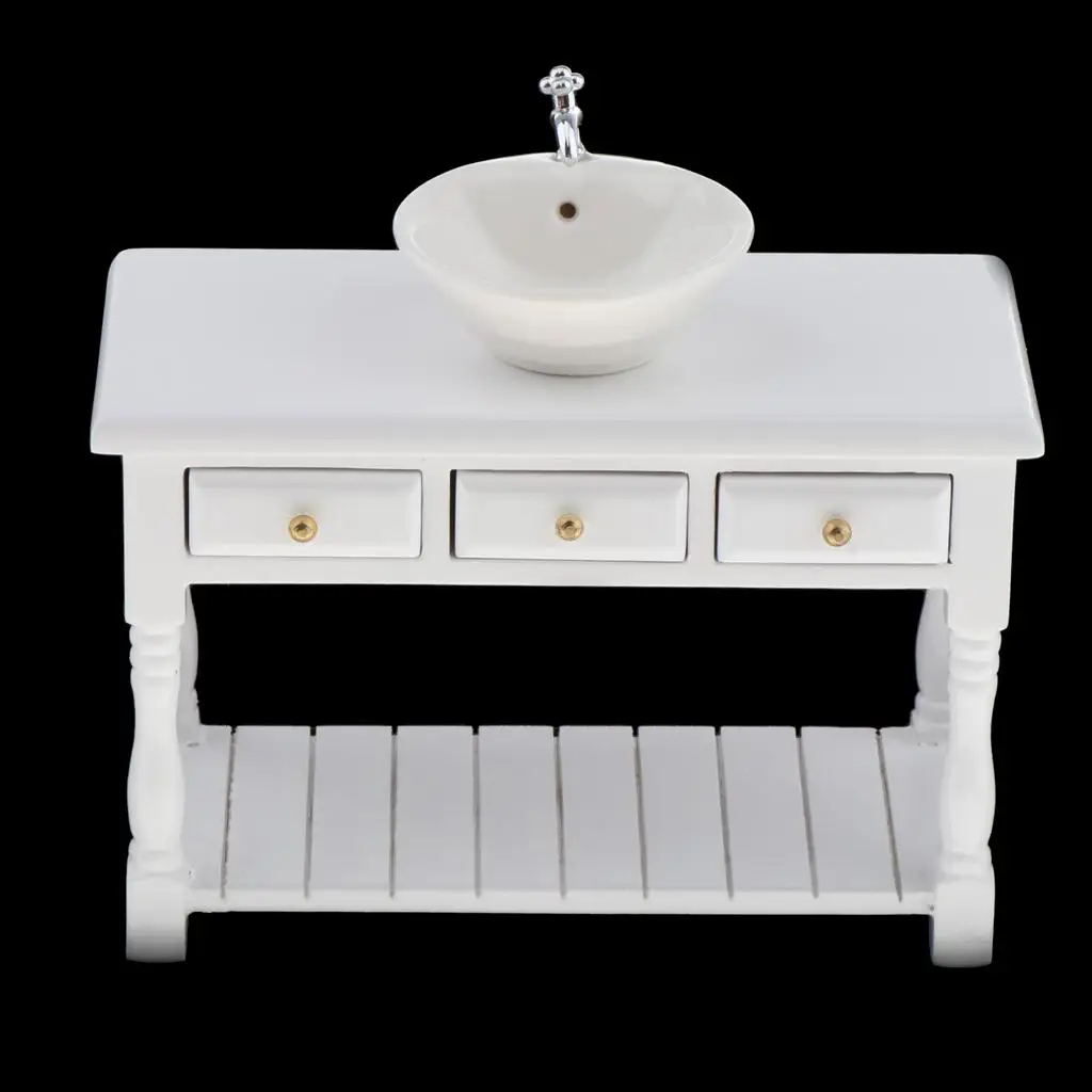 1/12 White Ceramic Wash Basin Sink & Cabinet for Dollhouse Bathroom Supplies 