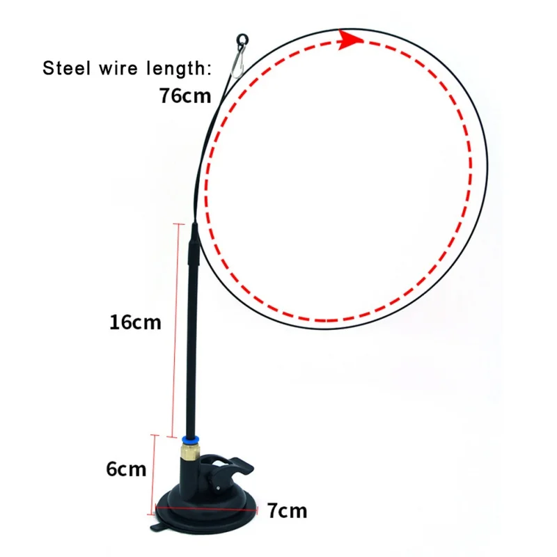 Un diagrama de una caña de pescar con varias medidas etiquetadas. La longitud del alambre de acero se indica como 76 cm, y hay medidas para la longitud de la varilla (16 cm), el mango (6 cm) y la base (7 cm).