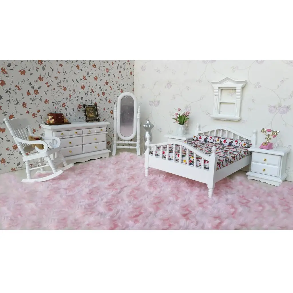 1/12 Dollhouse Bedroom Furniture Wooden Bed Cabinet Mirrror  6pcs Set