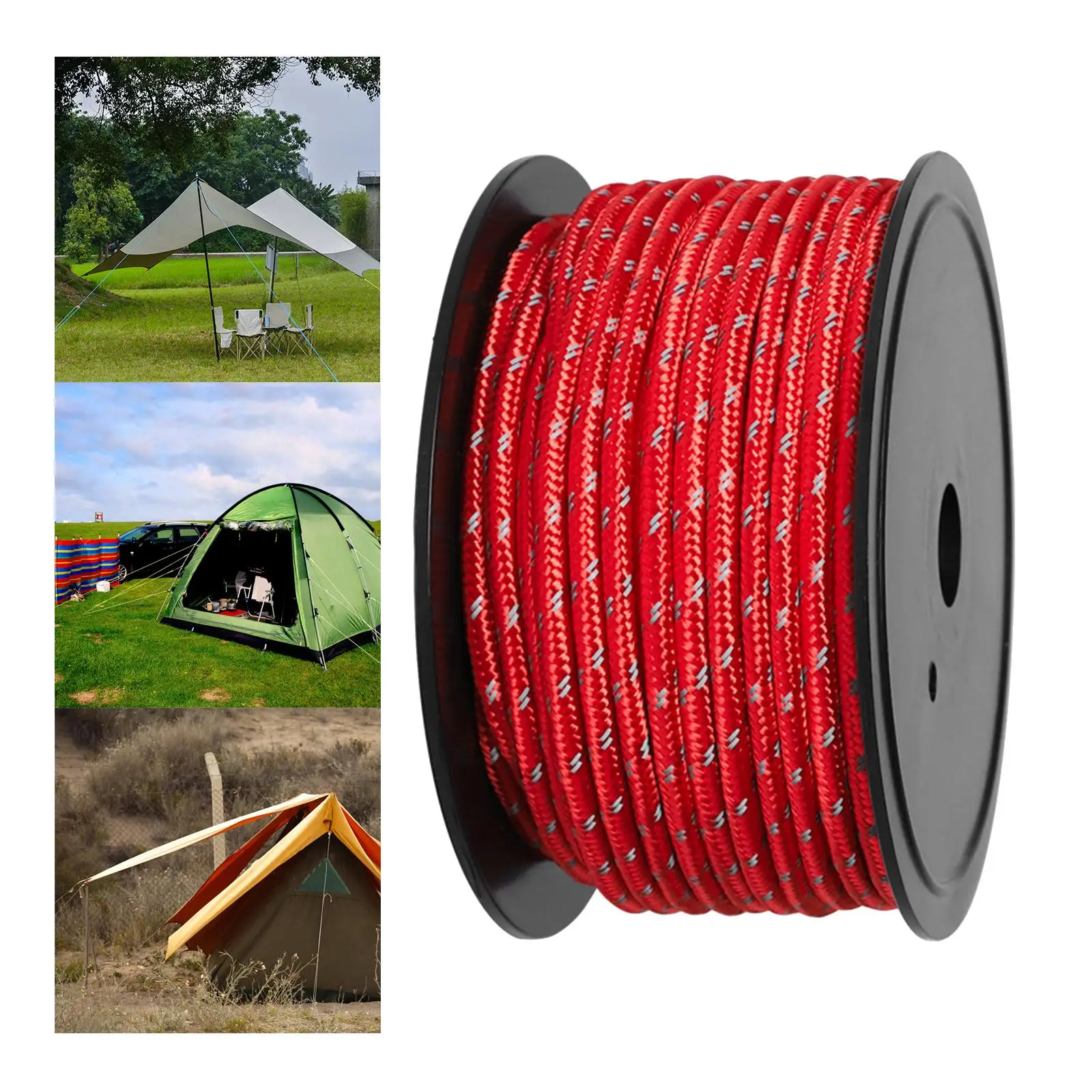 30M 6mm Reflective Tent Rope Guylines Solid Braid for Backpacking and Water Activities