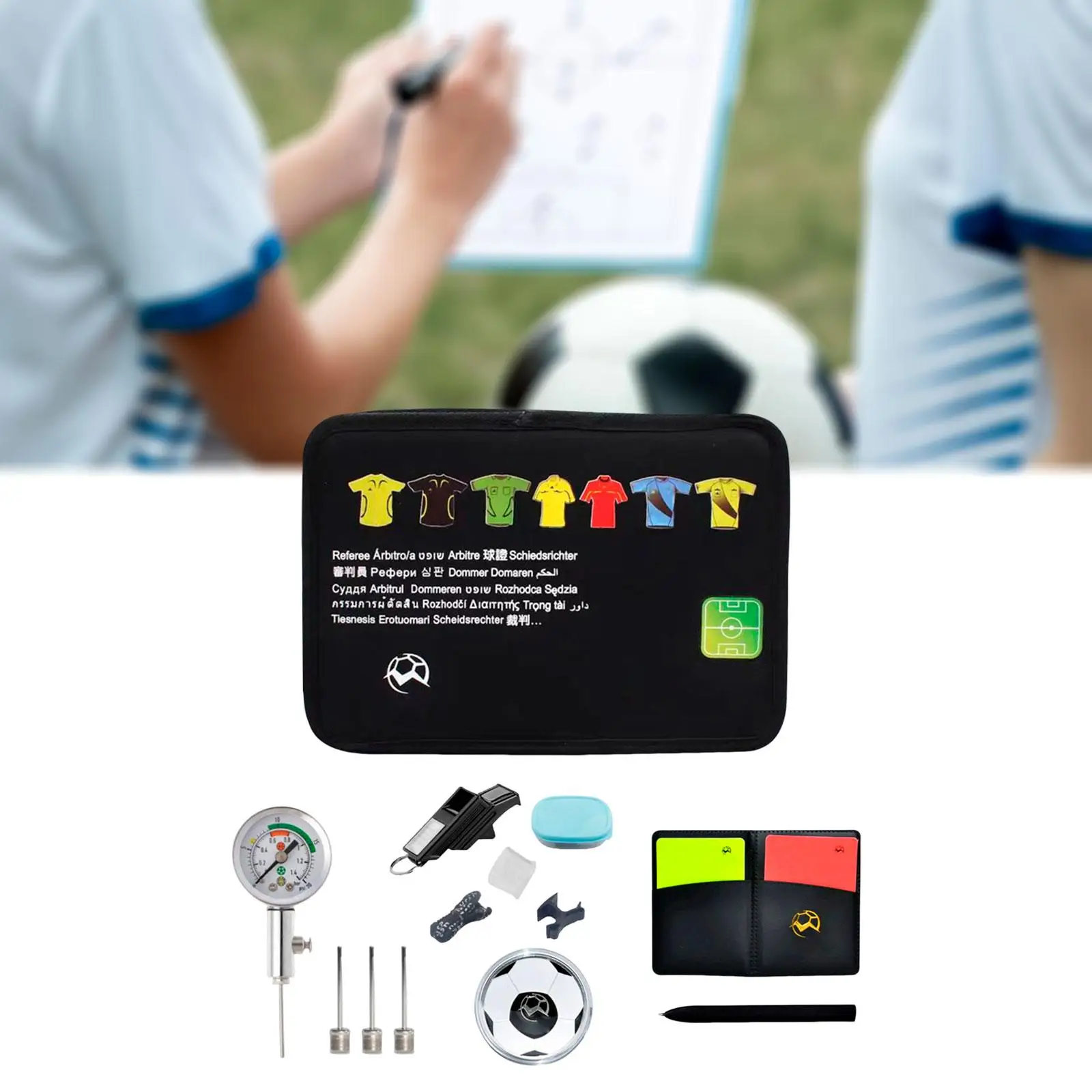 Soccer Referee Accessories Bag Whistle Pressure Gauge Pen Card Set Sheets for