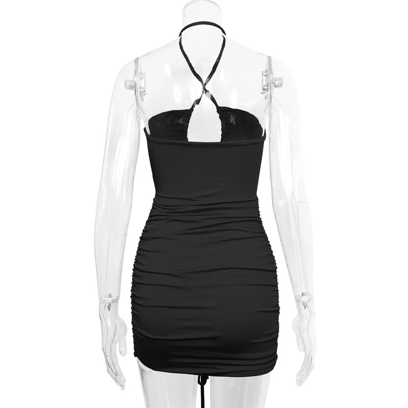 Solid Dress Plain Cross Halter Ruched Tie-Up Hollow-Out Hip Dress Sexy Ladies Tight Short Party Outfits -S637fed0a856a4e7db8fc7b068edaec81s