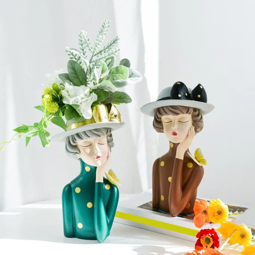 Nordic Resin Cartoon Girl Shaped Flower Pot Statue Sculptures Figure Plant Dried Flowers Pot Crafts Living Room Decoration