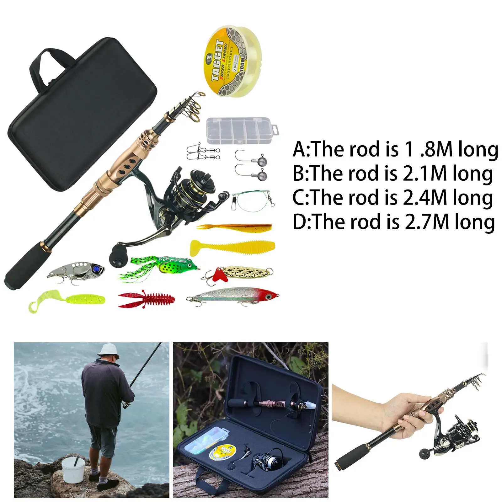 Fishing Rod Combos Set Reels Line Lures Hooks for Kids Adults